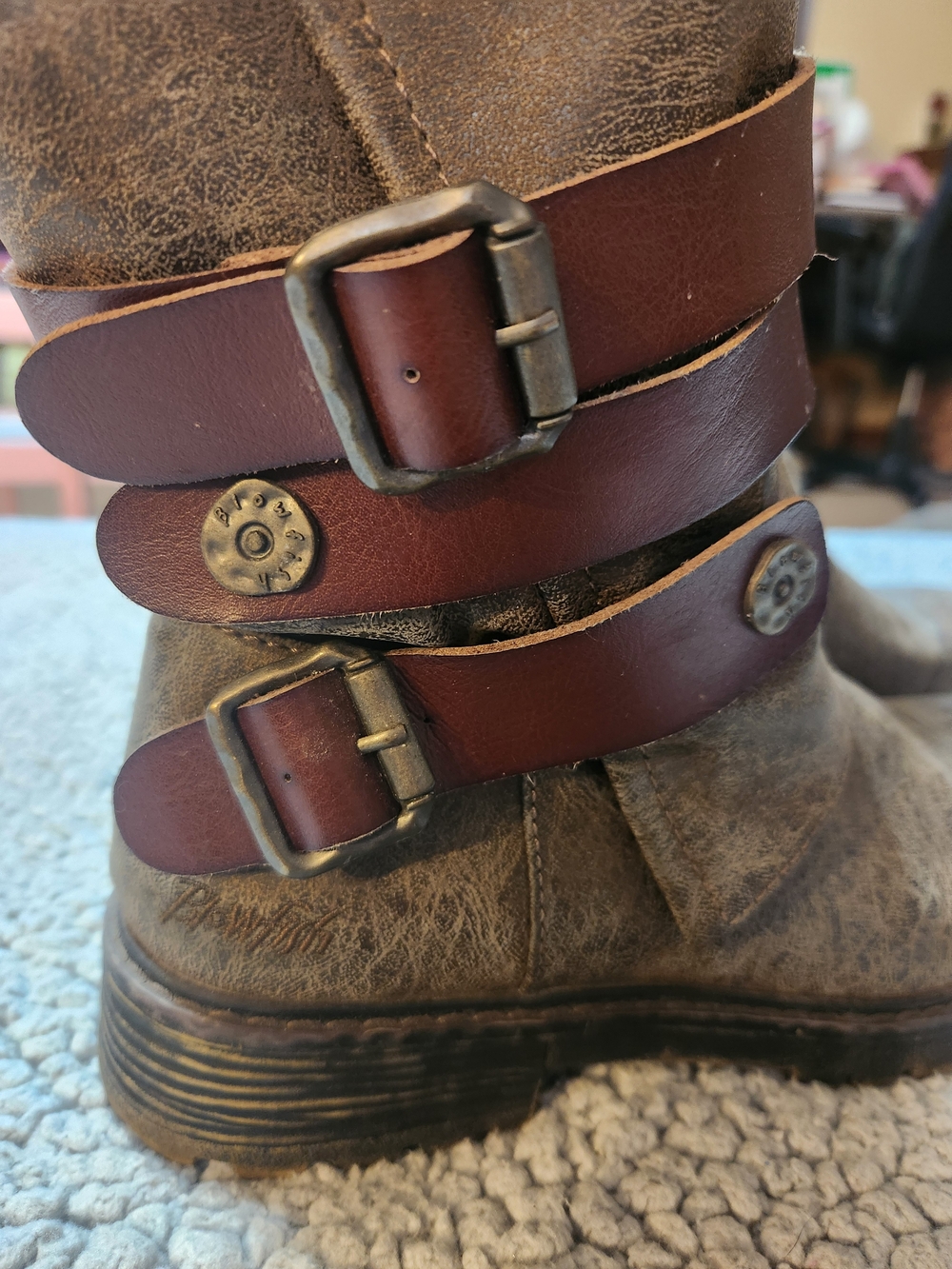 Distressed Brown Leather Combat Boots with Double Strap Buckles
